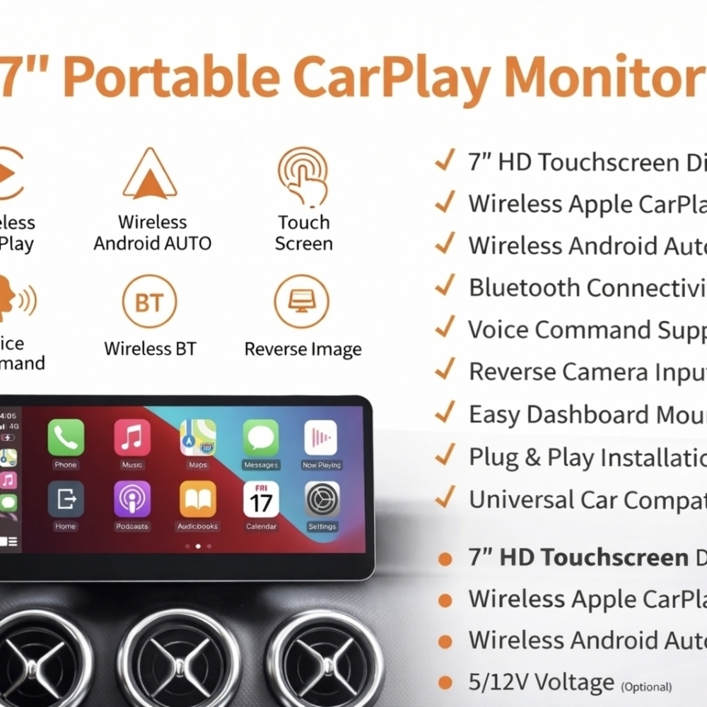 7-Inch HD CarPlay Monitor with Wireless Connectivity
